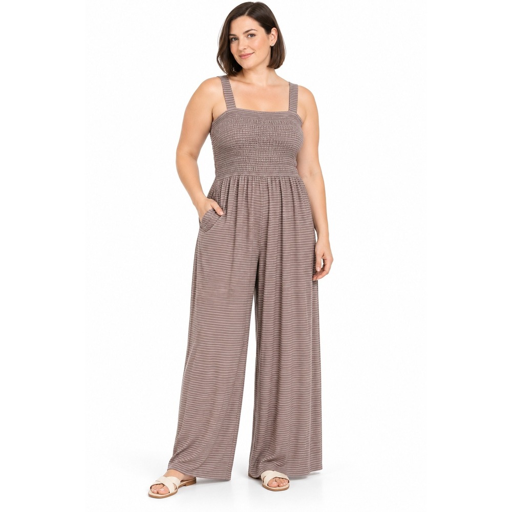 Striped Smocked Wide Leg Jumpsuit Large Taupe White Sleeveless Pockets Casual